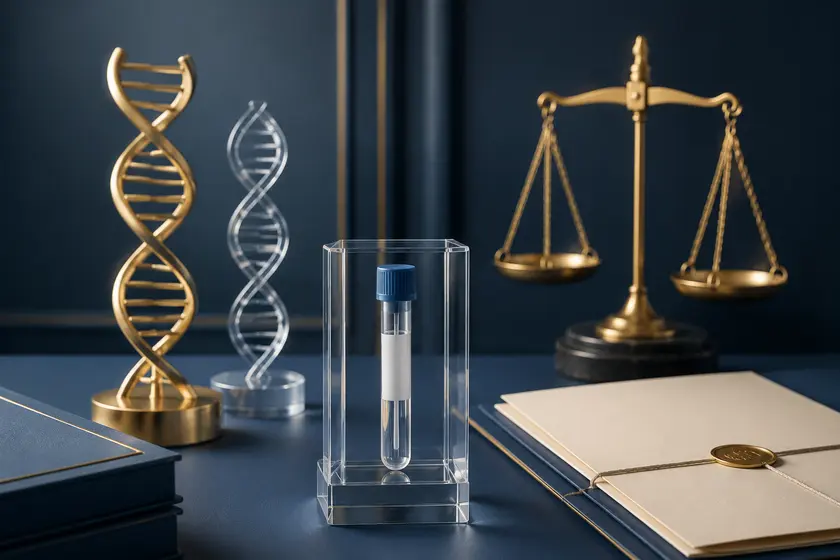 Babalık davasında DNA incelemesini simgeleyen DNA modelleri, numune tüpü ve adalet terazisi