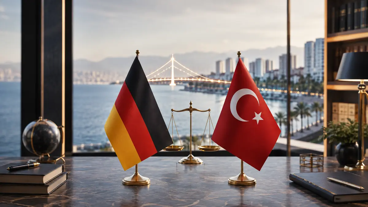 Deutschland- und Türkei-Flagge in einer Mersiner Kanzlei als Symbol grenzüberschreitender Rechtsangelegenheiten
