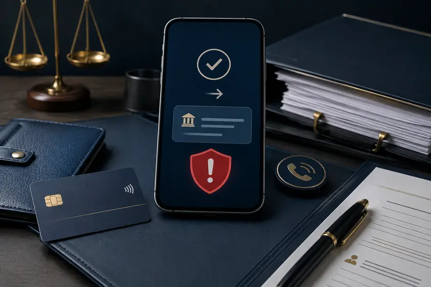Dolandırıcılık sonrası banka transferinin bildirilmesini simgeleyen uyarı ekranlı telefon, banka kartı ve şikâyet dosyası