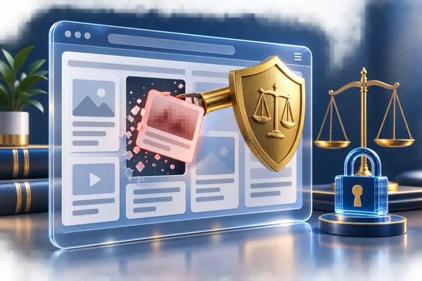 İnternetten içerik kaldırmayı simgeleyen web sayfası, silme işareti, güvenlik kalkanı ve kilit