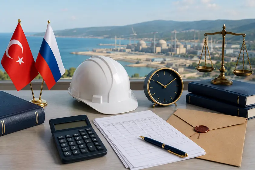 Невыплата зарплаты на Аккую, табель, часы, каска и флаги Турции и России