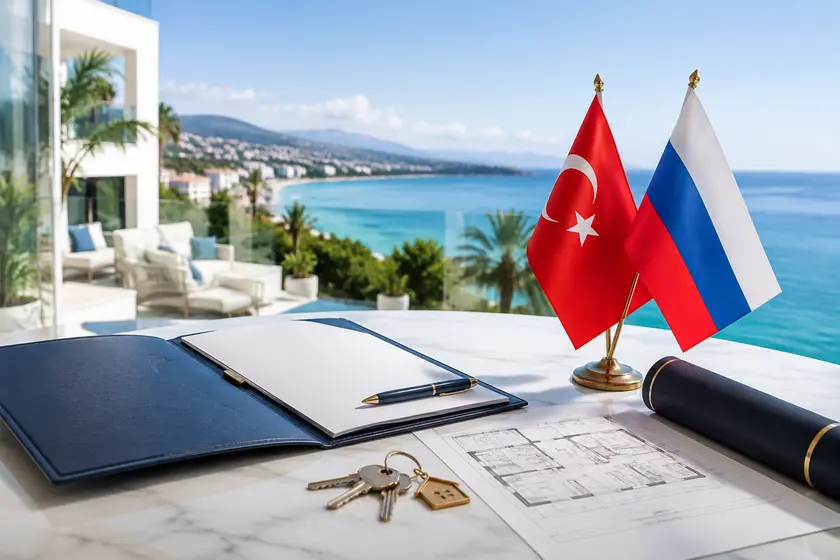 Покупка дачи в Мерсине, ключи, план жилья и флаги Турции и России