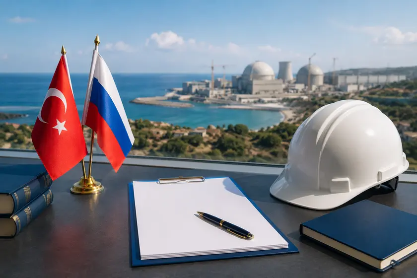 Трудовой договор на Аккую, каска и флаги Турции и России на фоне проекта в Мерсине