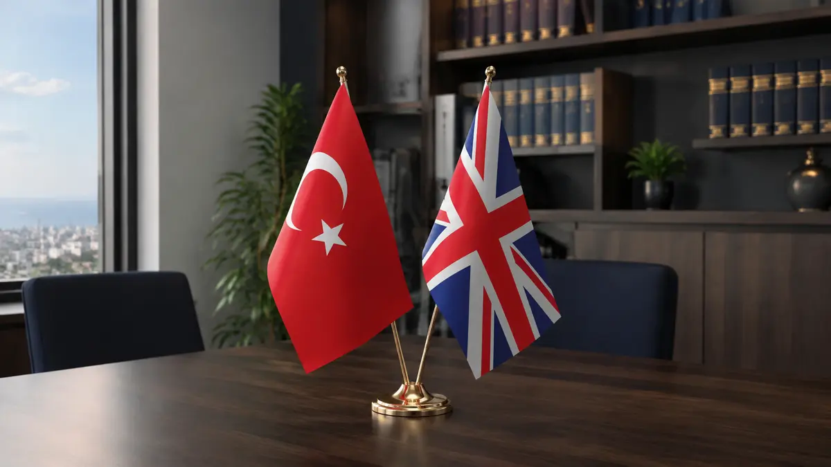 Türkiye and United Kingdom flags in a Mersin law office for cross-border legal matters