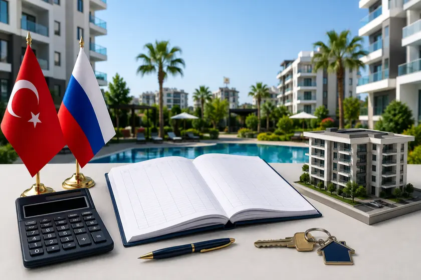 Взносы в жилом комплексе Мерсина, книга расходов, ключи и флаги Турции и России