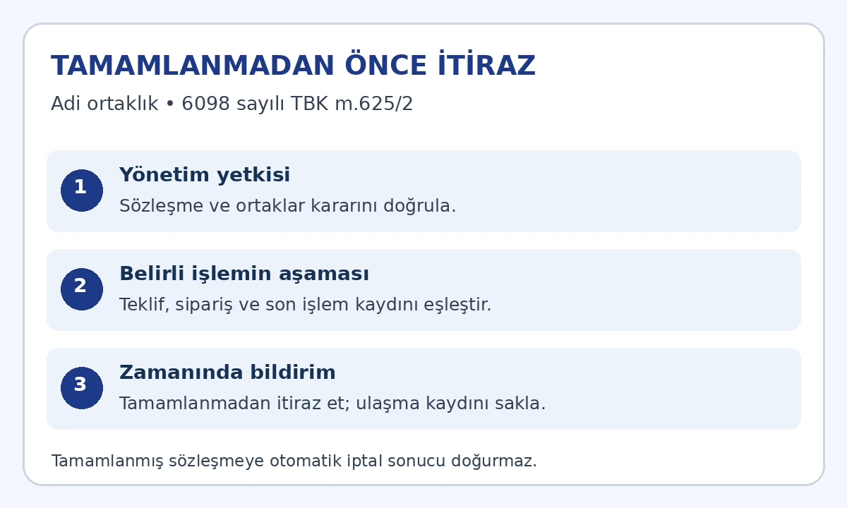 Adi ortaklıkta y&ouml;netim yetkisi, işlemin aşaması ve tamamlanmadan &ouml;nce itirazın belgelenmesi