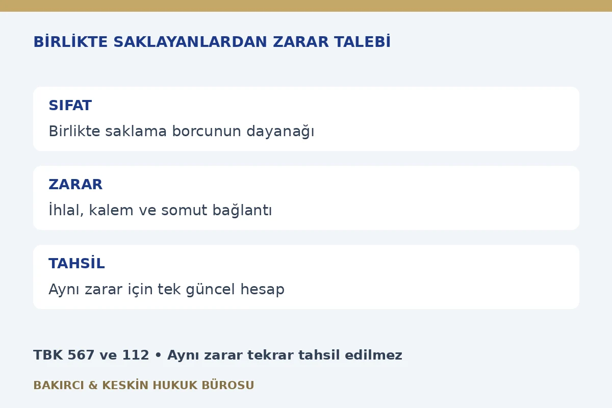 Birlikte saklayanlardan zarar talebi i&ccedil;in saklama sıfatı, ihlal, belgeli zarar ve tek tahsil kontrol&uuml;