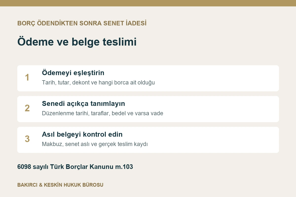 Bor&ccedil; &ouml;dendikten sonra senet iadesi i&ccedil;in &ouml;deme eşleştirme, yazılı talep ve asıl belge teslimi