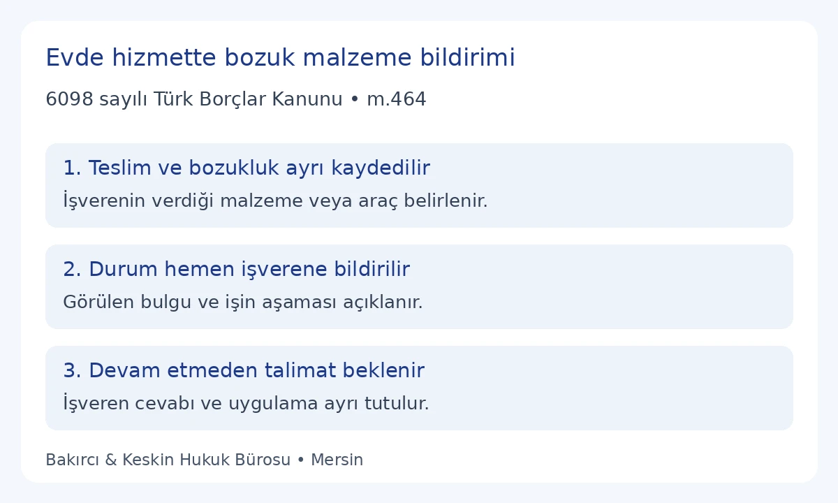 TBK 464 kapsamında evde hizmette bozuk malzemenin hemen bildirimi ve talimat bekleme
