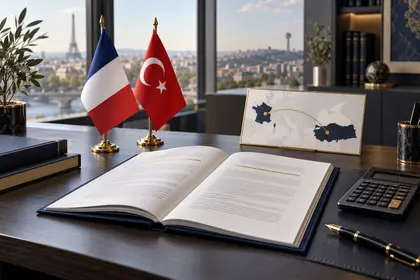 Fransa ve T&uuml;rkiye bayrakları yanında vergi anlaşması belgesi ve hesap makinesi