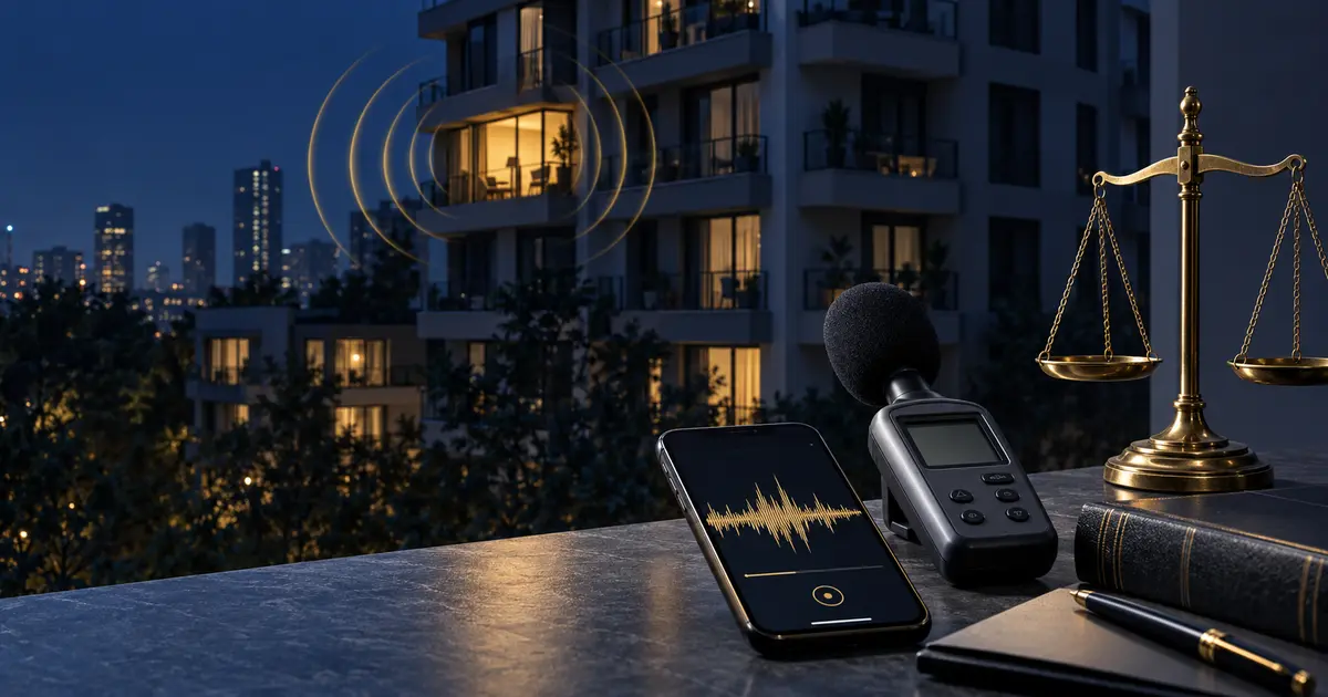 Gece apartman g&uuml;r&uuml;lt&uuml;s&uuml; i&ccedil;in ses &ouml;l&ccedil;&uuml;m cihazı, telefon kaydı ve adalet terazisi