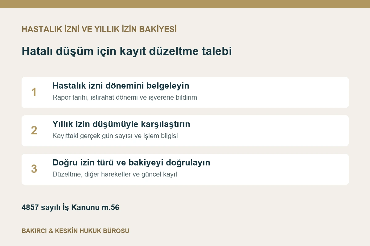Hastalık izni tarihleri ile yıllık izin kaydındaki hatalı d&uuml;ş&uuml;m&uuml;n karşılaştırılması