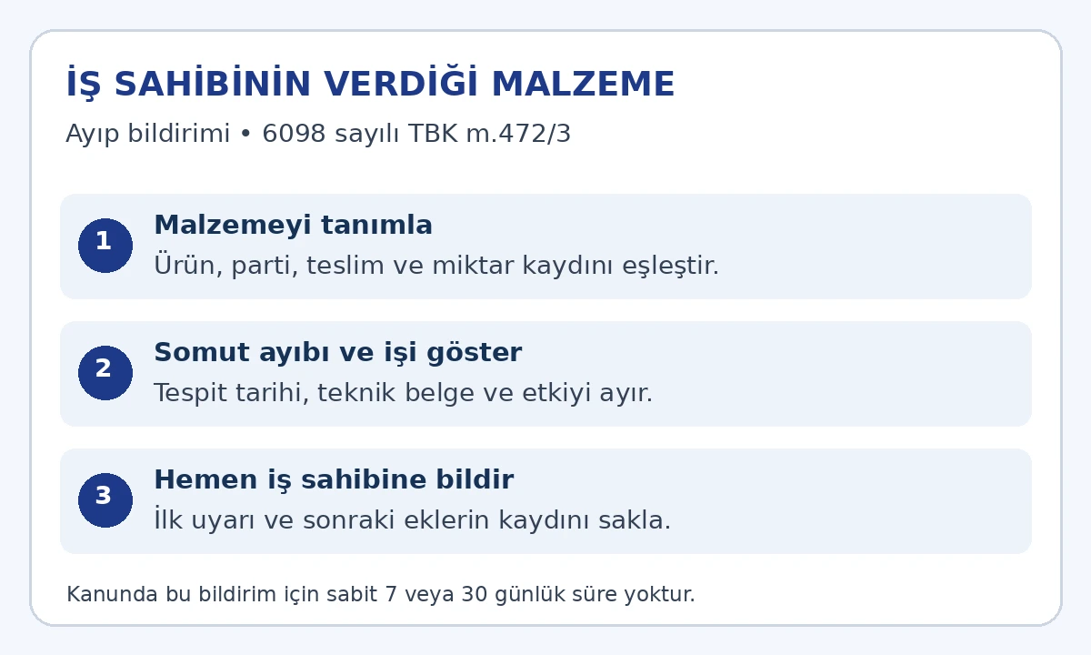 İş sahibinin sağladığı ayıplı malzemede TBK 472 uyarınca malzeme, tespit ve hemen bildirim kaydının eşleştirilmesi