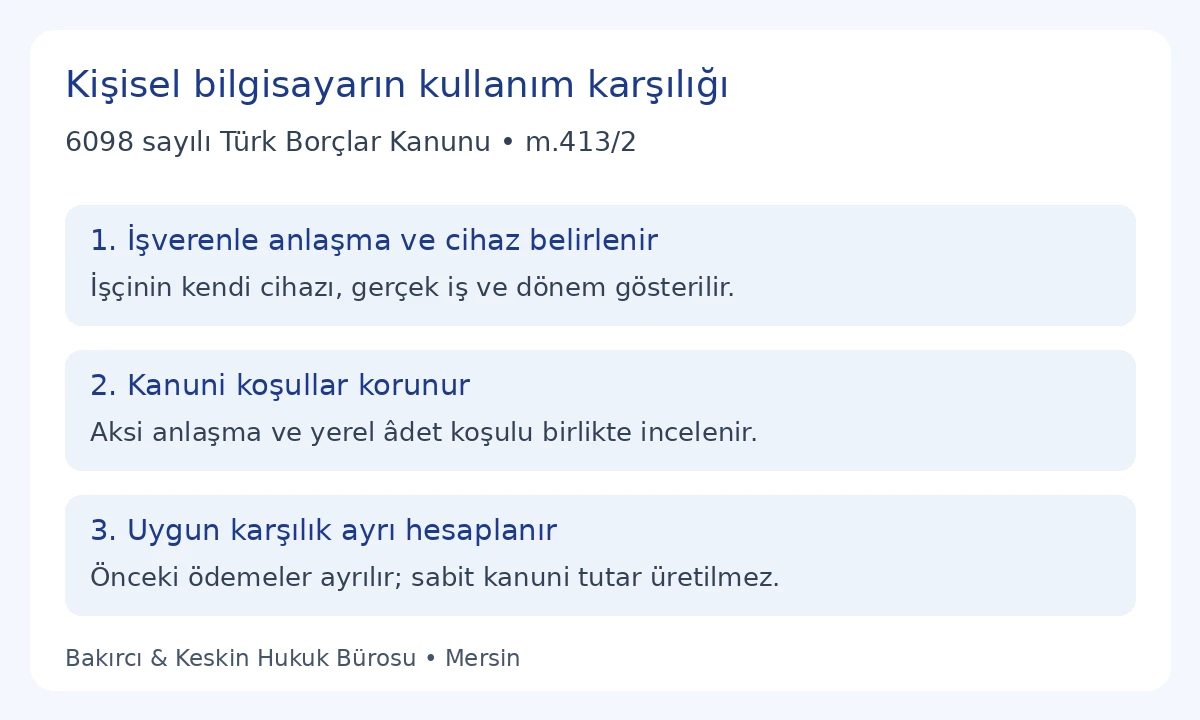 TBK 413 kapsamında iş&ccedil;inin kendi bilgisayarını iş i&ccedil;in kullanmasında anlaşma, d&ouml;nem ve uygun karşılık
