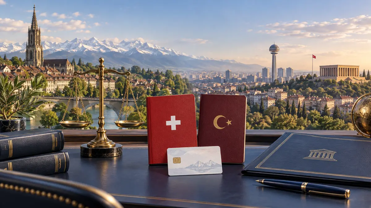 İsviçre ve Türkiye çifte vatandaşlık işlemleri için pasaportlar, C izin kartı ve adalet terazisi
