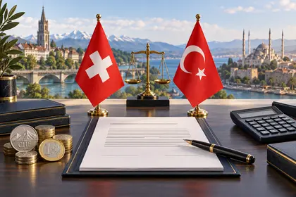 İsvi&ccedil;re ve T&uuml;rkiye bayrakları yanında vergi anlaşması belgesi ve hesap makinesi