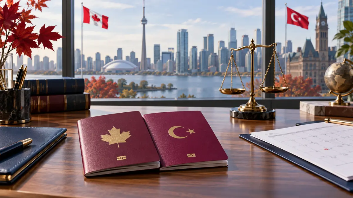 Kanada ve T&uuml;rkiye &ccedil;ifte vatandaşlık başvurusu i&ccedil;in pasaportlar, takvim ve adalet terazisi