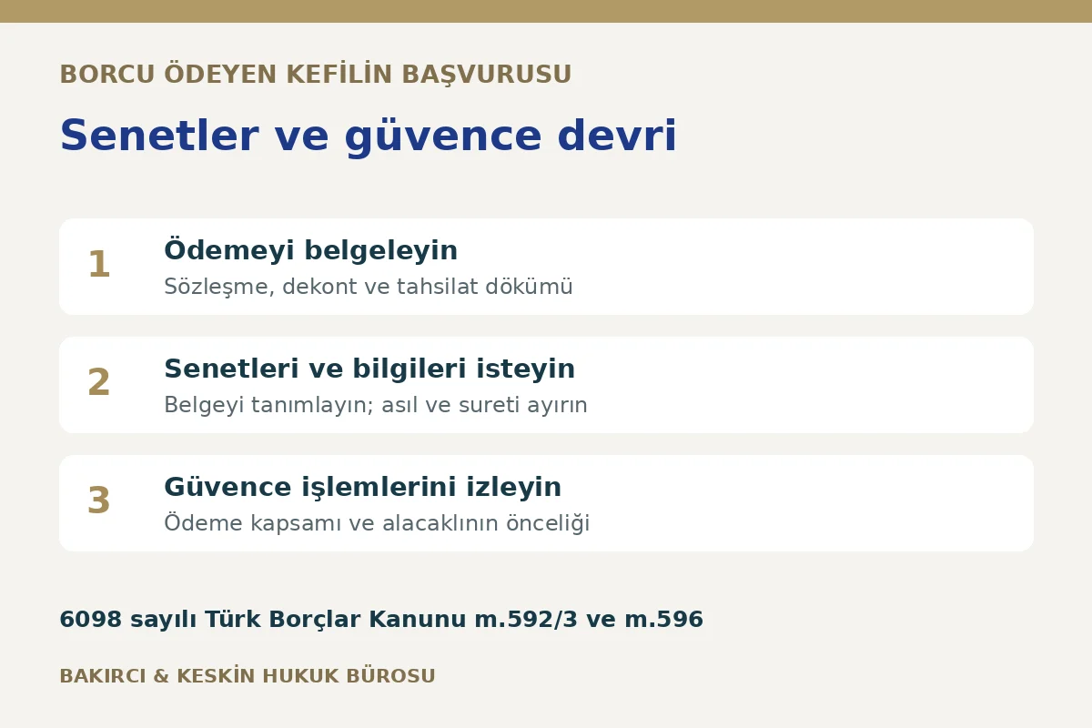 Kefilin &ouml;deme belgesini eşleştirmesi, bor&ccedil; senetlerini istemesi ve g&uuml;vence devrini takip etmesi