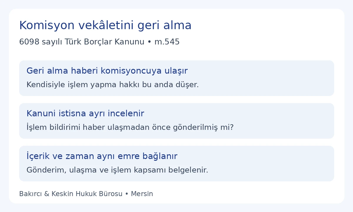 Komisyon vek&acirc;letini geri almada TBK 545 uyarınca ulaşma anı ve &ouml;nceki işlem bildiriminin g&ouml;nderilmesi