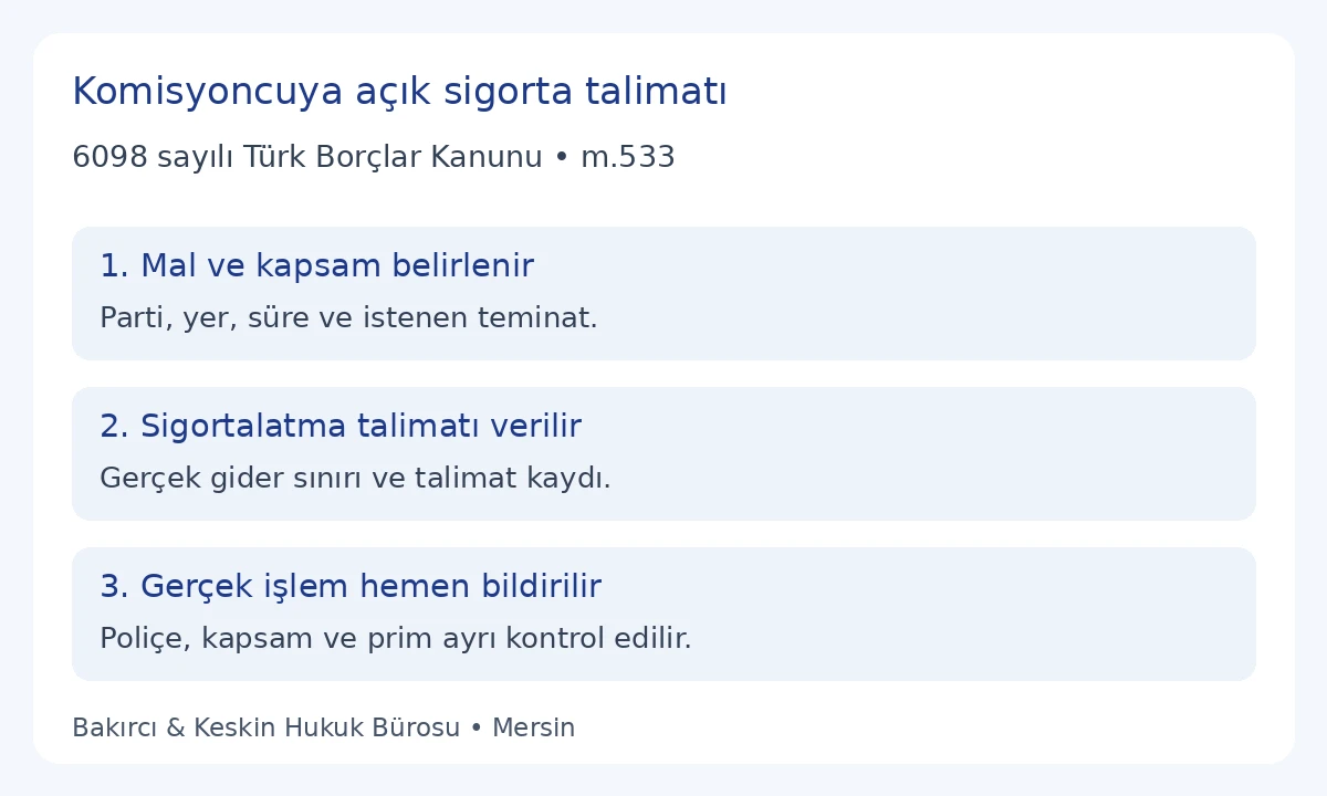 TBK 533 kapsamında komisyoncuya belirli mallar i&ccedil;in sigortalatma talimatı, poli&ccedil;e ve gider kontrol&uuml;