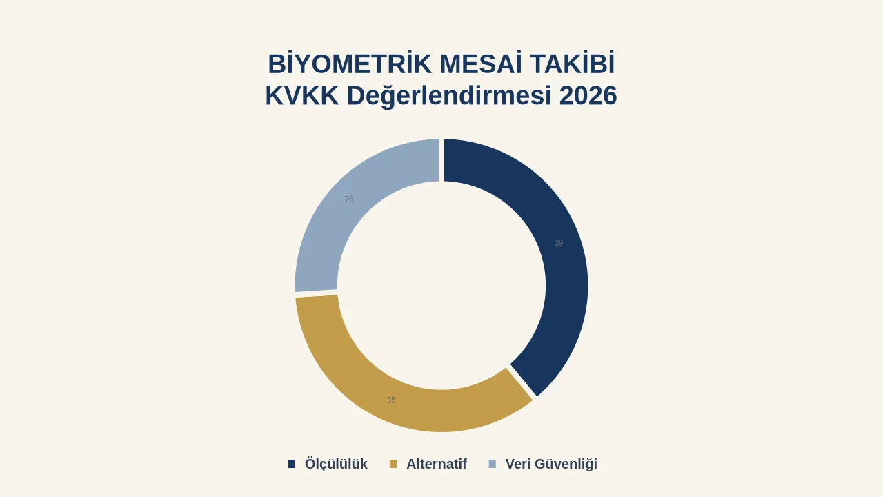 Biyometrik mesai takibinde &ouml;l&ccedil;&uuml;l&uuml;l&uuml;k, alternatif y&ouml;ntem ve veri g&uuml;venliği başlıklarını g&ouml;steren a&ccedil;ık tonlu g&ouml;rsel