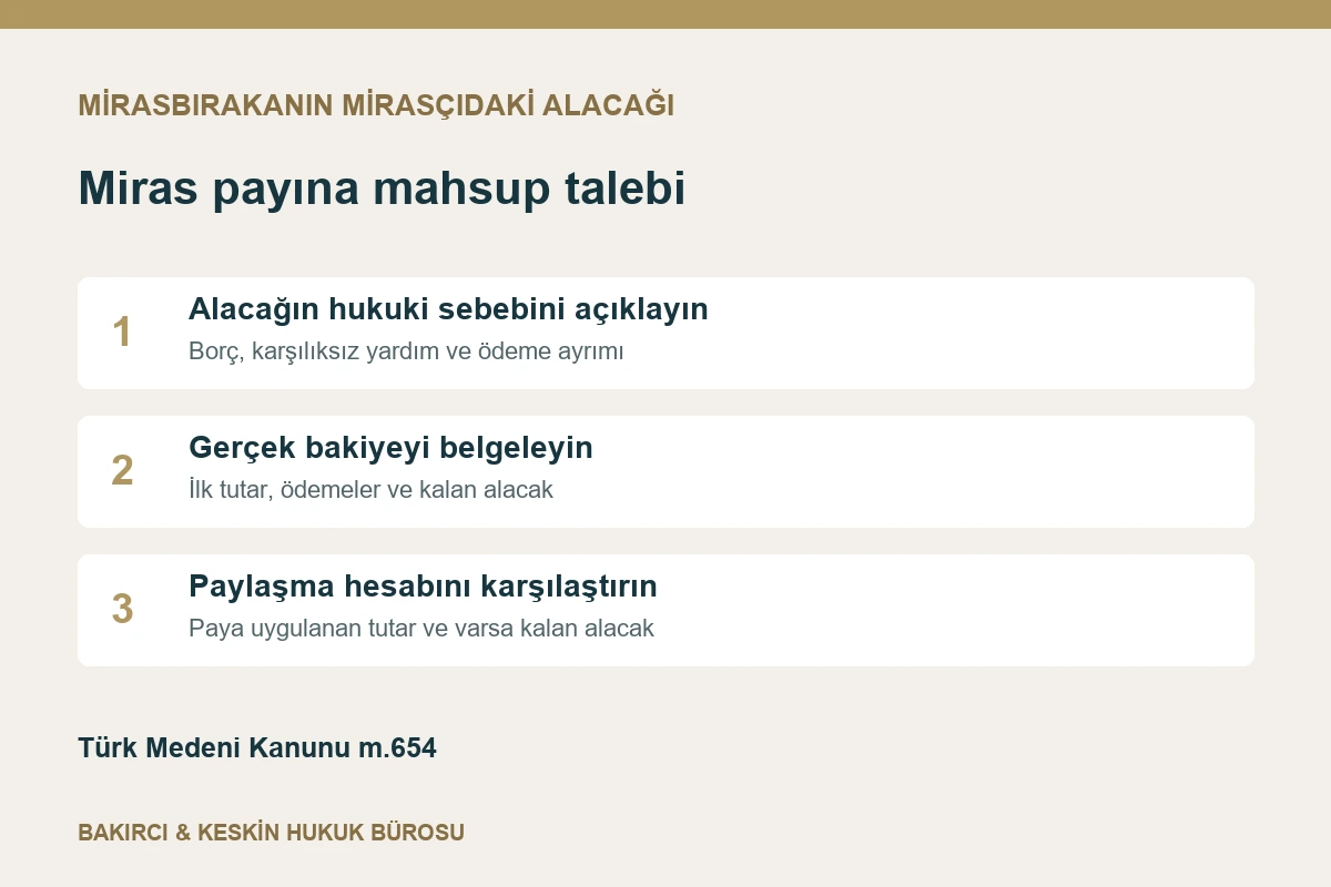 Mirasbırakanın miras&ccedil;ıdaki alacağında hukuki dayanak, bakiye hesabı ve miras payına mahsup kontrol&uuml;