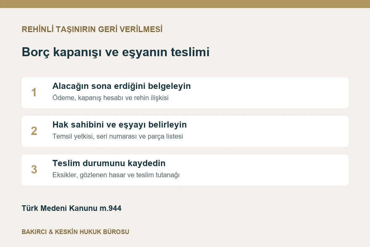 Rehinli taşınırın iadesinde borcun sona ermesi, hak sahibi ve teslim tutanağı kontrol&uuml;