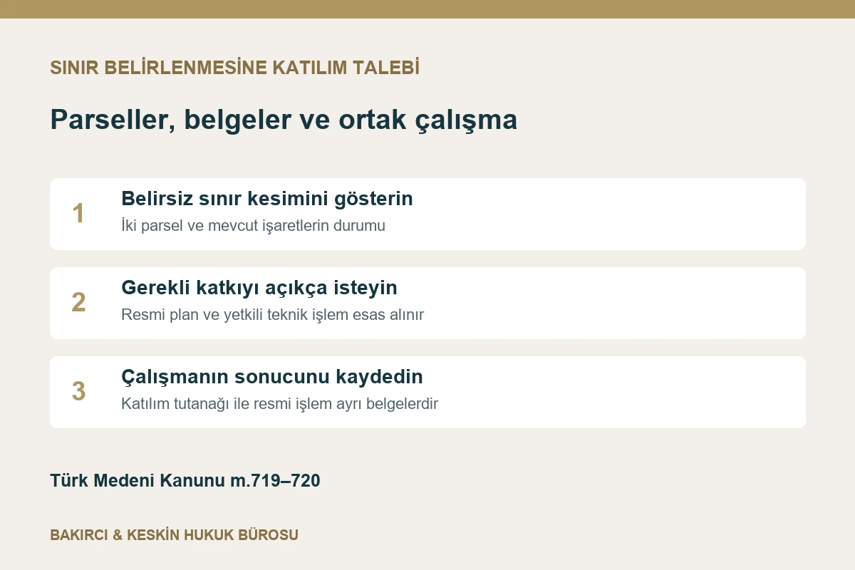 Sınır belirleme katılım talebinde parseller, belirsiz kesim ve yetkili teknik işlem kontrolü