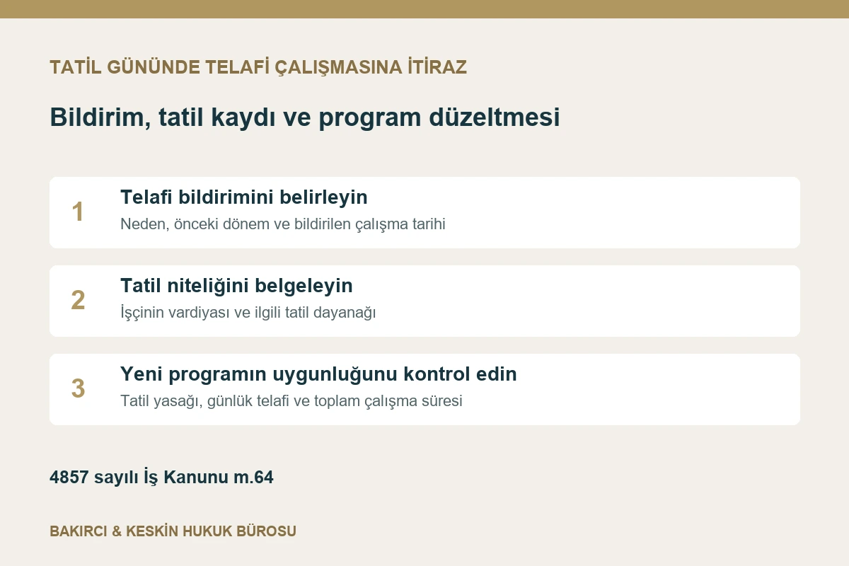 Tatil g&uuml;n&uuml;nde telafi &ccedil;alışması i&ccedil;in bildirim, tatil kaydı ve yeni program kontrol&uuml;