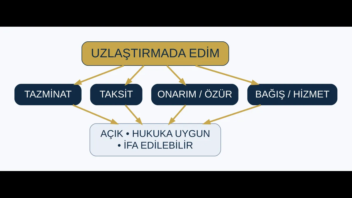 Uzlaştırmada tazminat taksit onarım &ouml;z&uuml;r bağış ve hizmet edimi se&ccedil;enekleri