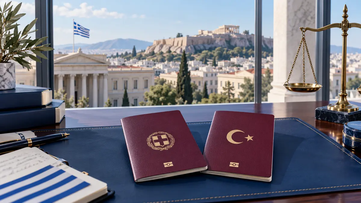 Yunanistan ve T&uuml;rkiye &ccedil;ifte vatandaşlık başvurusu i&ccedil;in pasaportlar, Yunanca sınav notları ve adalet terazisi