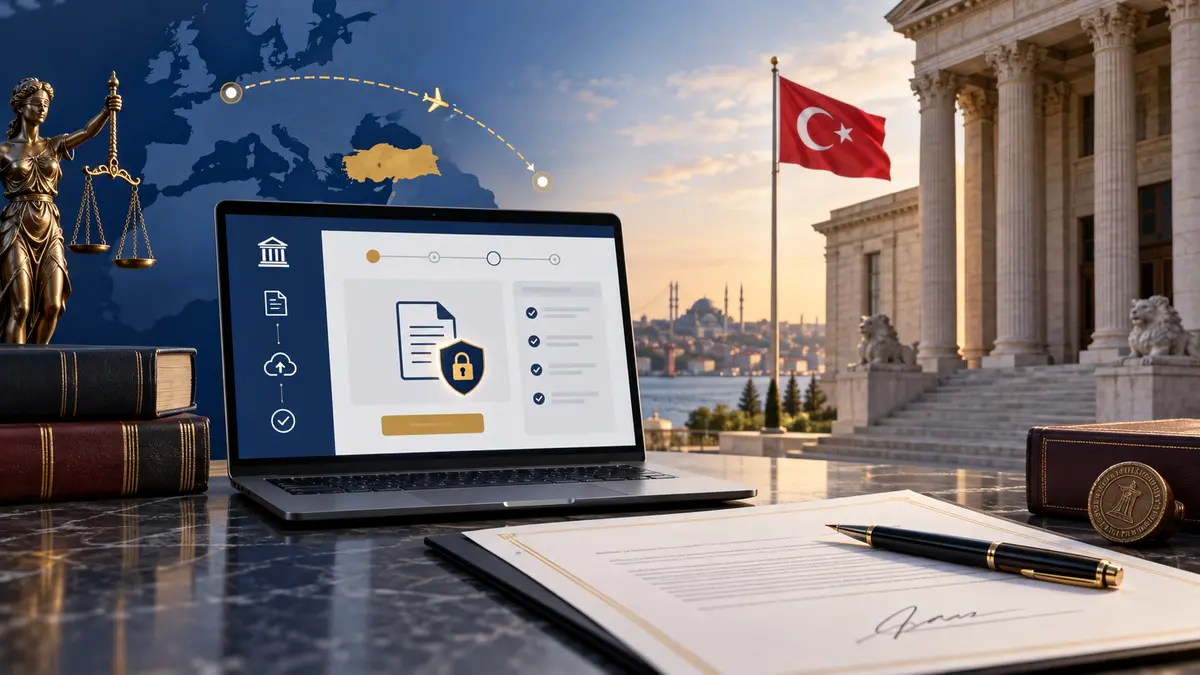 Yurt dışından T&uuml;rkiye&rsquo;de UYAP ve avukat vek&acirc;letnamesi ile dava a&ccedil;mayı simgeleyen bilgisayar ve adliye