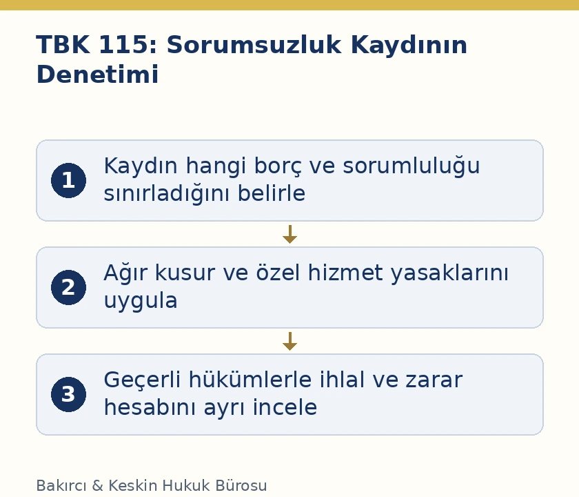 TBK 115 sorumsuzluk kaydı, ağır kusur yasağı ve &ouml;zel hizmet h&uuml;k&uuml;mlerinin &uuml;&ccedil; aşamalı incelemesi
