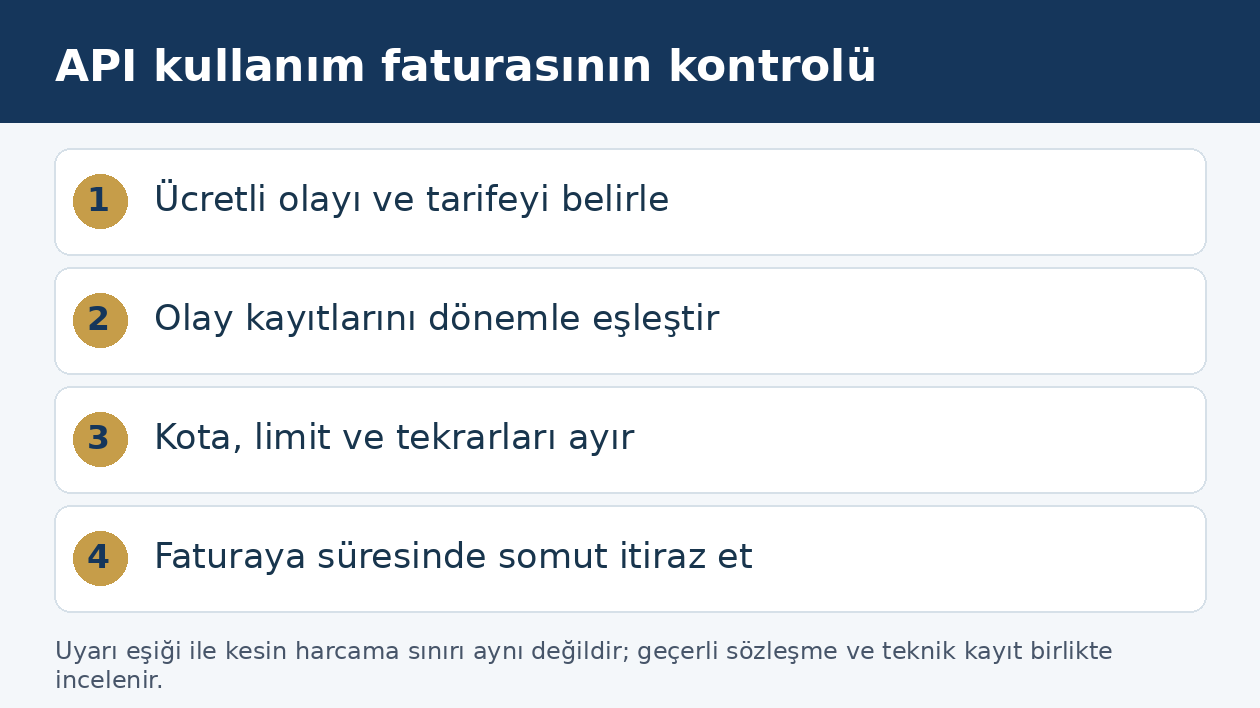 API kullanım faturasının &uuml;cret birimi, olay kaydı, kota ve itiraz &uuml;zerinden kontrol&uuml;n&uuml; g&ouml;steren şema