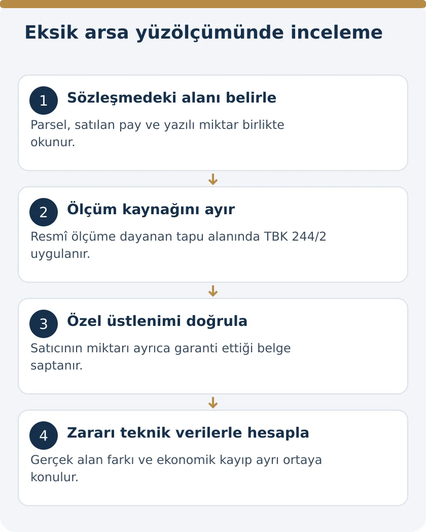 Arsa Satışında Eksik Y&uuml;z&ouml;l&ccedil;&uuml;m&uuml;: Satıcının Tazminat Sorumluluğu &ndash; kanuni koşullar şeması