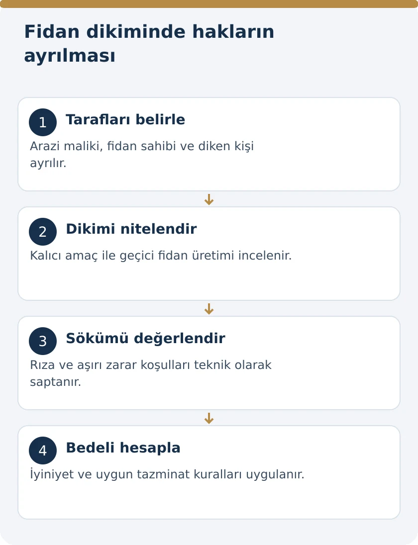 Başkasının Fidanı Araziye Dikilirse: M&uuml;lkiyet, S&ouml;k&uuml;m ve Tazminat &ndash; kanuni koşullar şeması