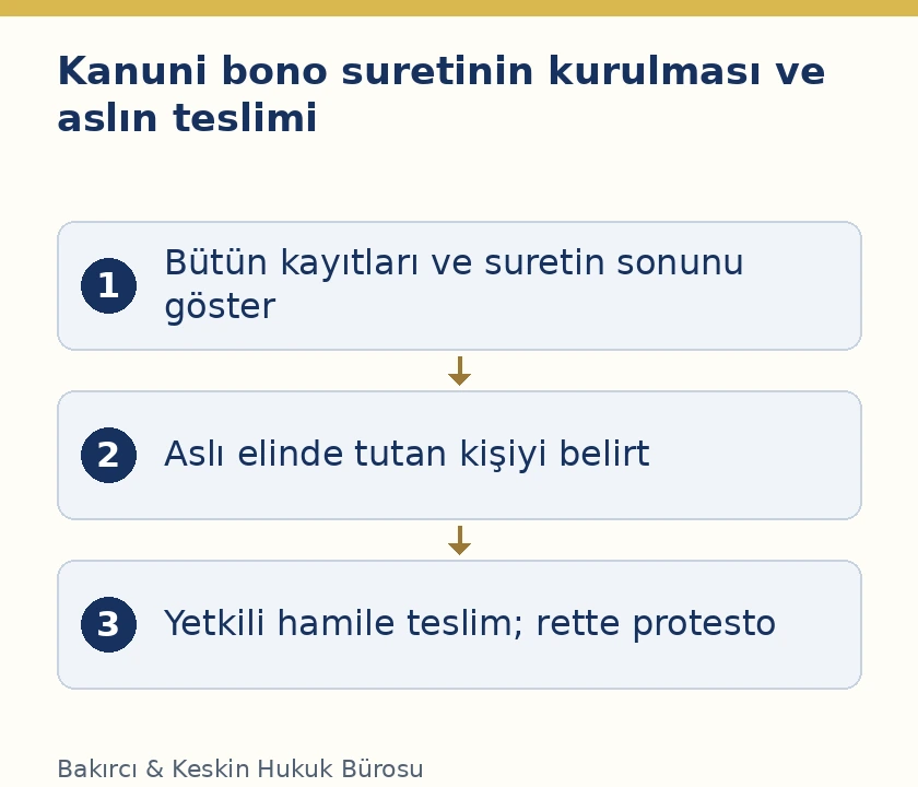 Kanuni bono suretinde eksiksiz aktarım, aslın zilyedi ve teslimden kaçınmada protesto aşamaları