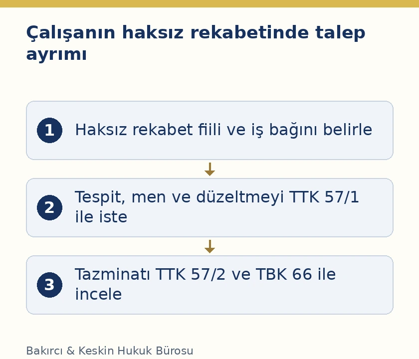 Çalışanın haksız rekabetinde işverene yöneltilen durdurma ve düzeltme talepleri ile tazminat koşullarının ayrılması
