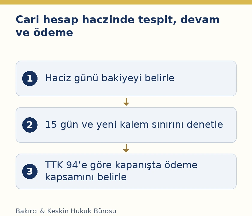 Cari hesap bakiyesinin haczinde haciz g&uuml;n&uuml; tespit, on beş g&uuml;nl&uuml;k kaldırma koşulu ve normal kapanışta &ouml;deme zamanı