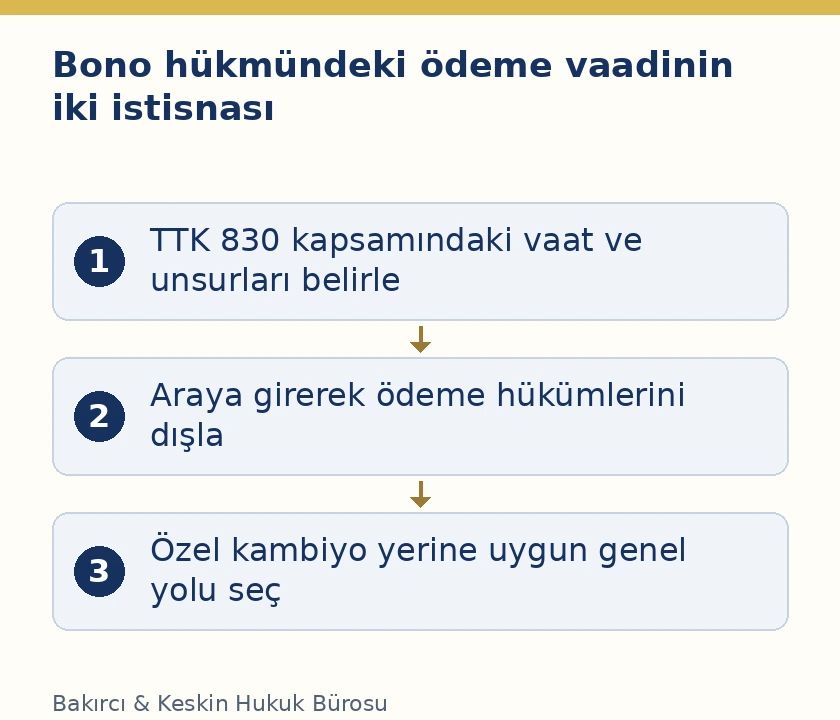 TTK 830 emre yazılı &ouml;deme vaadinde senet niteliği ile araya girerek &ouml;deme ve &ouml;zel kambiyo takip istisnaları