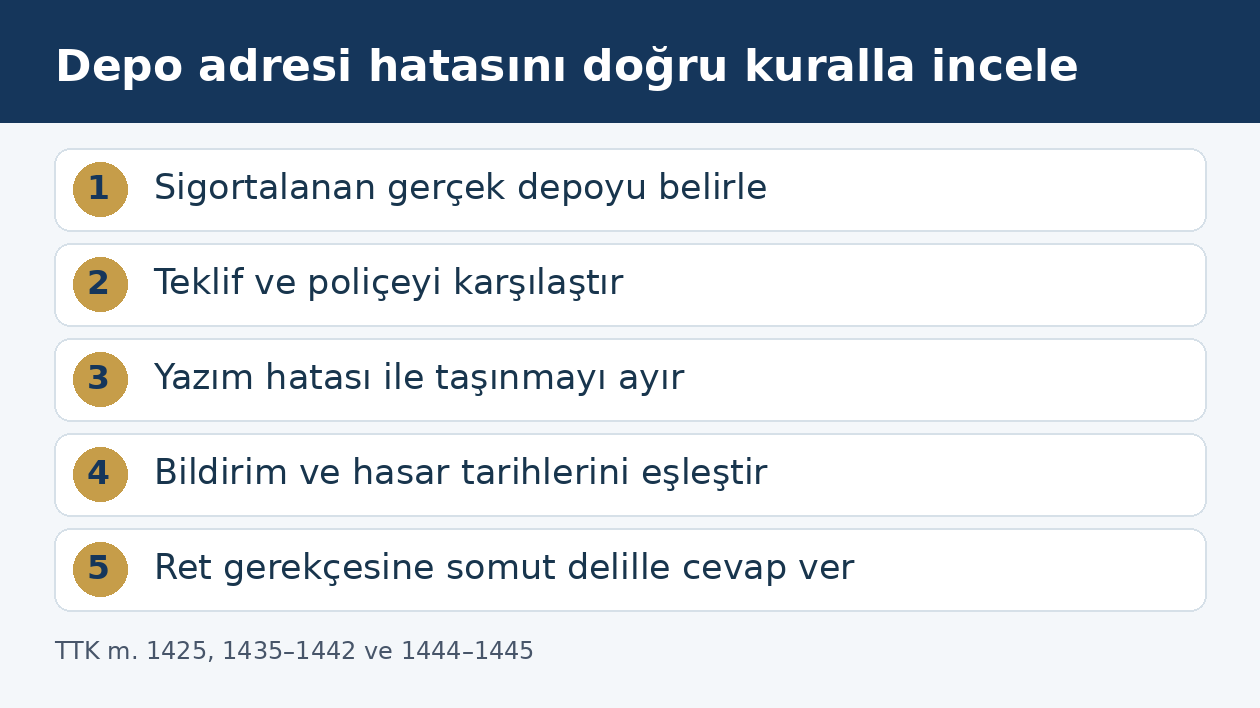 Emtia poli&ccedil;esindeki adres hatasının teklif, ger&ccedil;ek depo, taşınma ve bildirim kayıtlarıyla incelenmesi