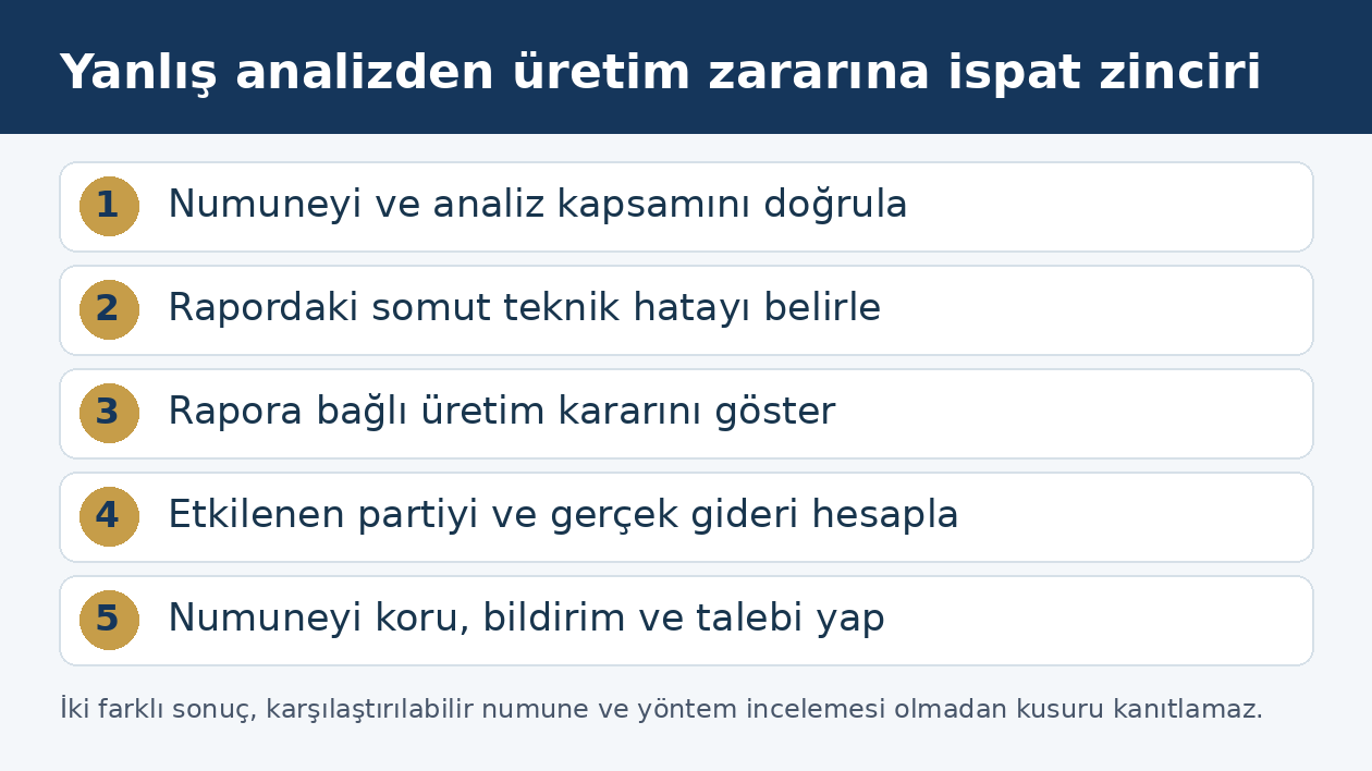 End&uuml;striyel numune, analiz raporu, &uuml;retim kararı ve zarar arasındaki bağlantı