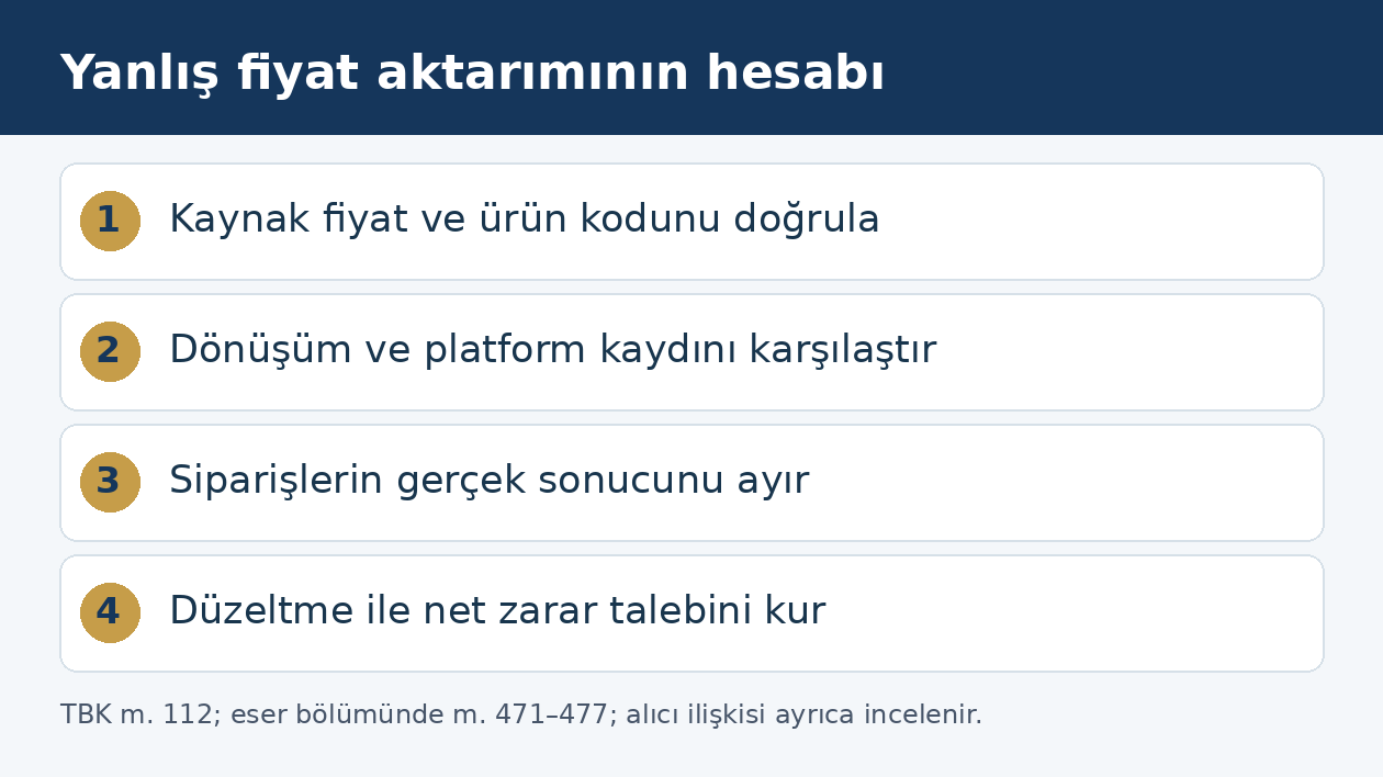 Pazaryerine yanlış fiyat aktarımında veri, işlem, sipariş sonucu ve zarar incelemesi