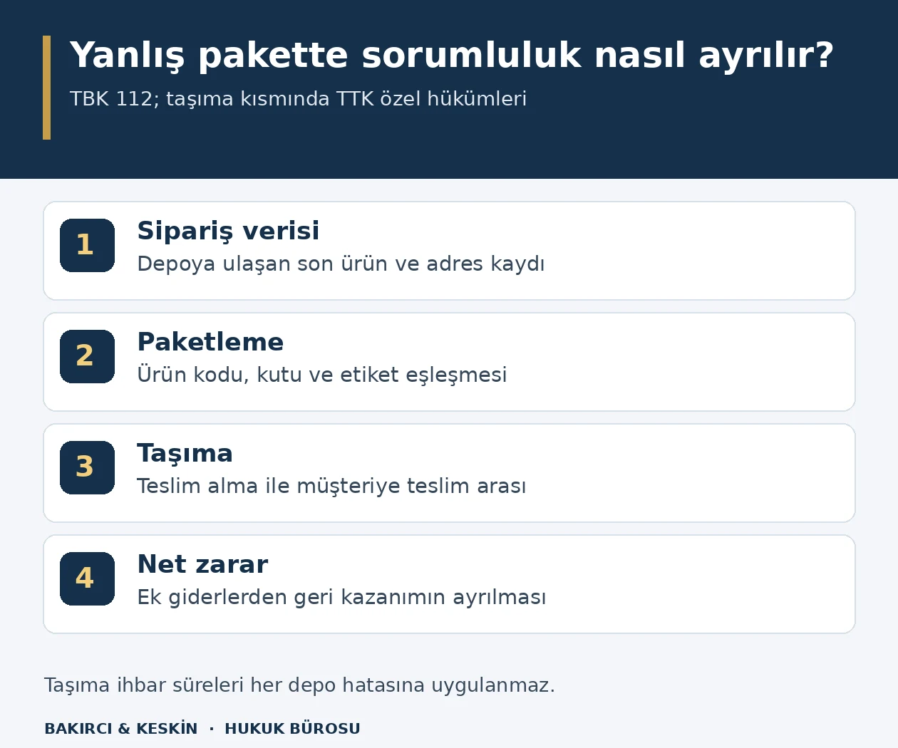 Yanlış ürün veya etiketli siparişte veri, paketleme, taşıma ve net zarar aşamalarını ayıran hukuki inceleme şeması.