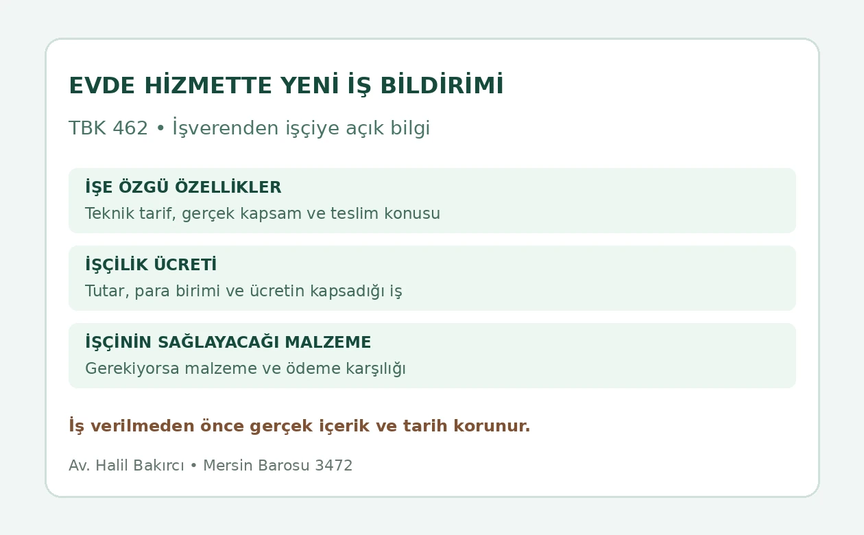 Evde hizmette yeni işin &ouml;zellikleri, iş&ccedil;ilik &uuml;creti ve iş&ccedil;i malzemesi karşılığının ayrı bildirimi