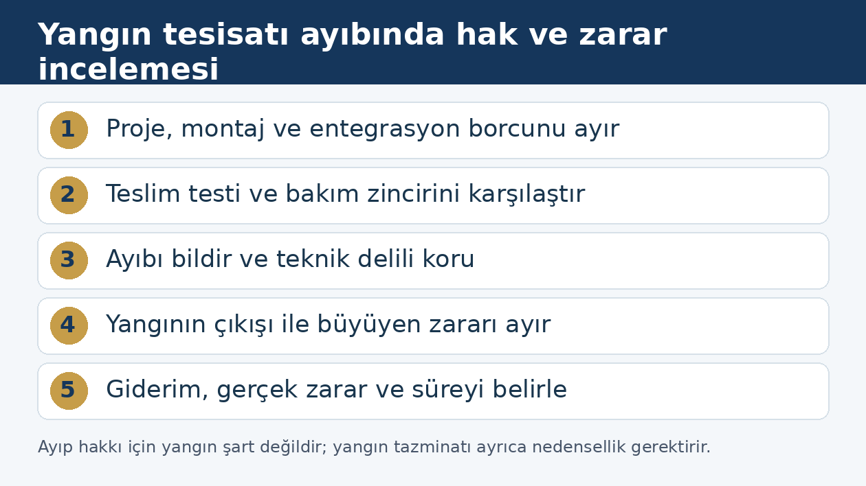 Yangın s&ouml;nd&uuml;rme tesisatı kurulum ayıbında s&ouml;zleşme, test, ihbar ve zarar incelemesi
