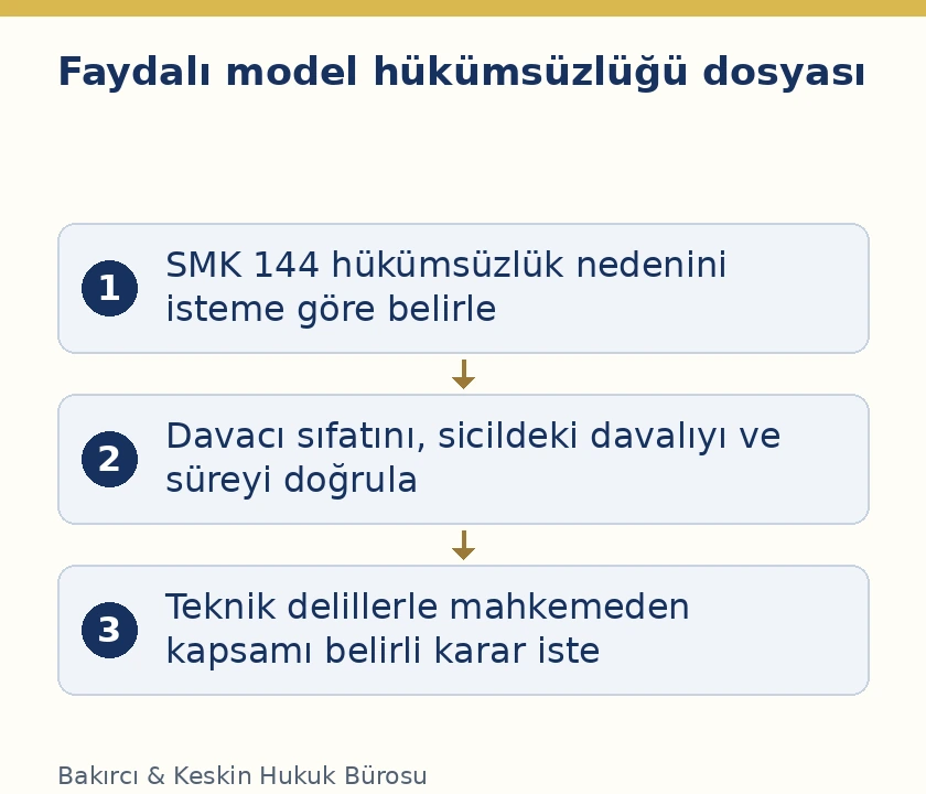 Faydalı model hükümsüzlüğünde neden, taraf ve süre ile mahkeme talebi