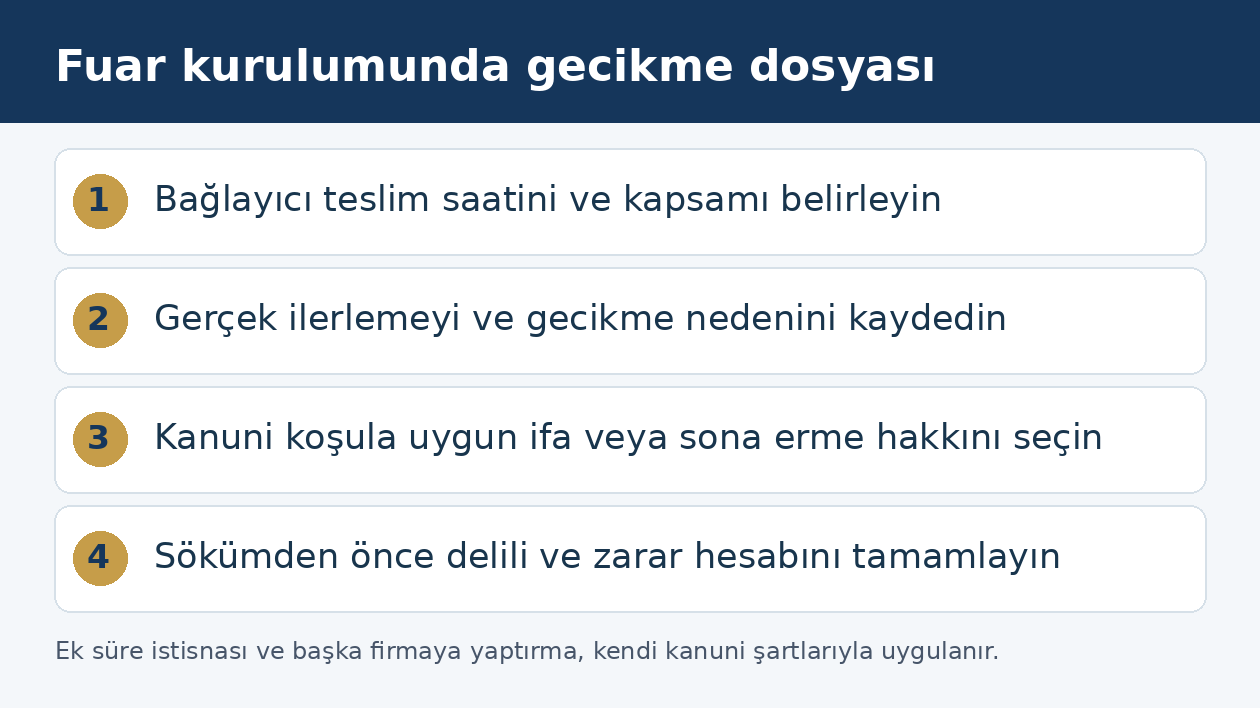 Fuar standı geciktiğinde teslim zamanı, iş ilerlemesi, hukuki hak ve s&ouml;k&uuml;m &ouml;ncesi delil kontrol&uuml;