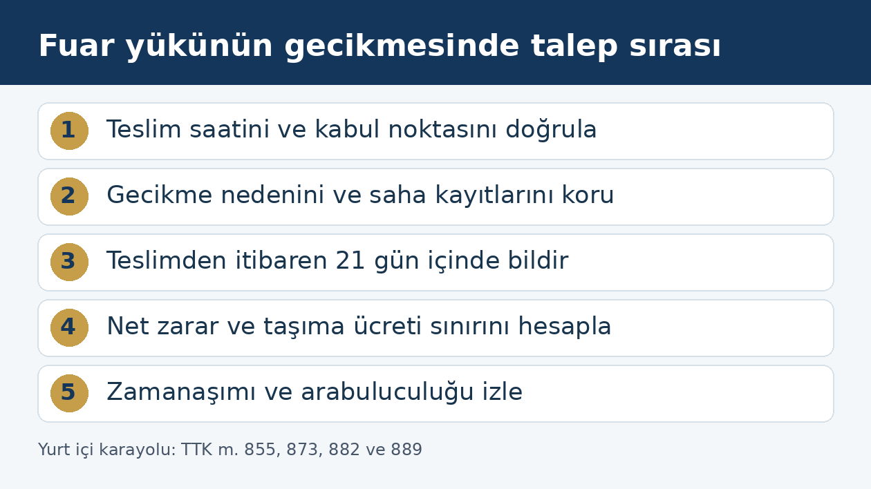 Fuar y&uuml;k&uuml; gecikmesinde teslim şartından bildirim ve zarar hesabına uzanan işlem sırası