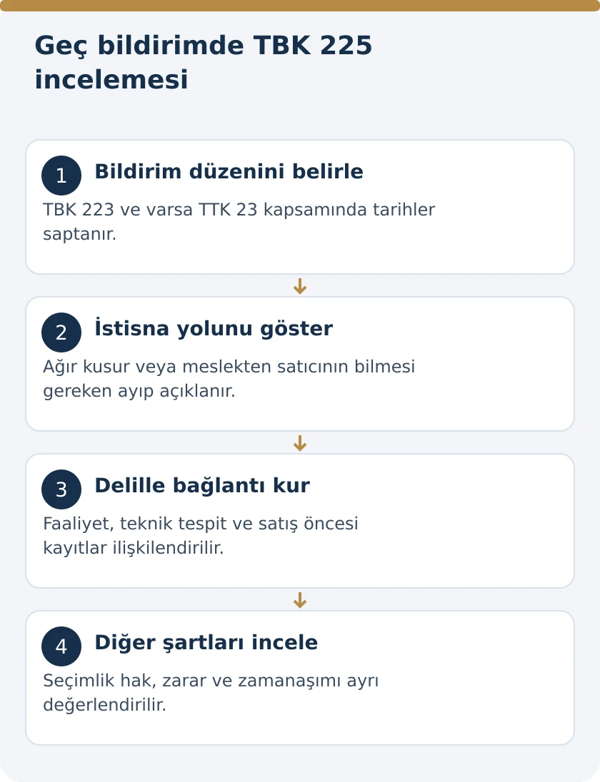 Ayıp Bildirimi Ge&ccedil; Yapılsa da Satıcı Sorumlu mu? TBK 225 Ağır Kusur ve Meslekten Satıcı &ndash; kanuni koşullar şeması